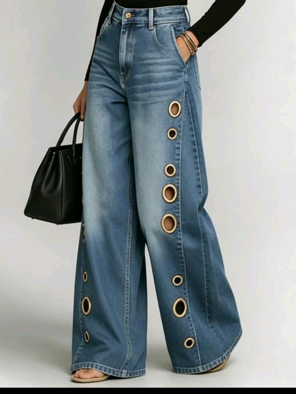 European And American New Denim Jeans With Women's Metal Eyelets Design - Picture 3 of 4